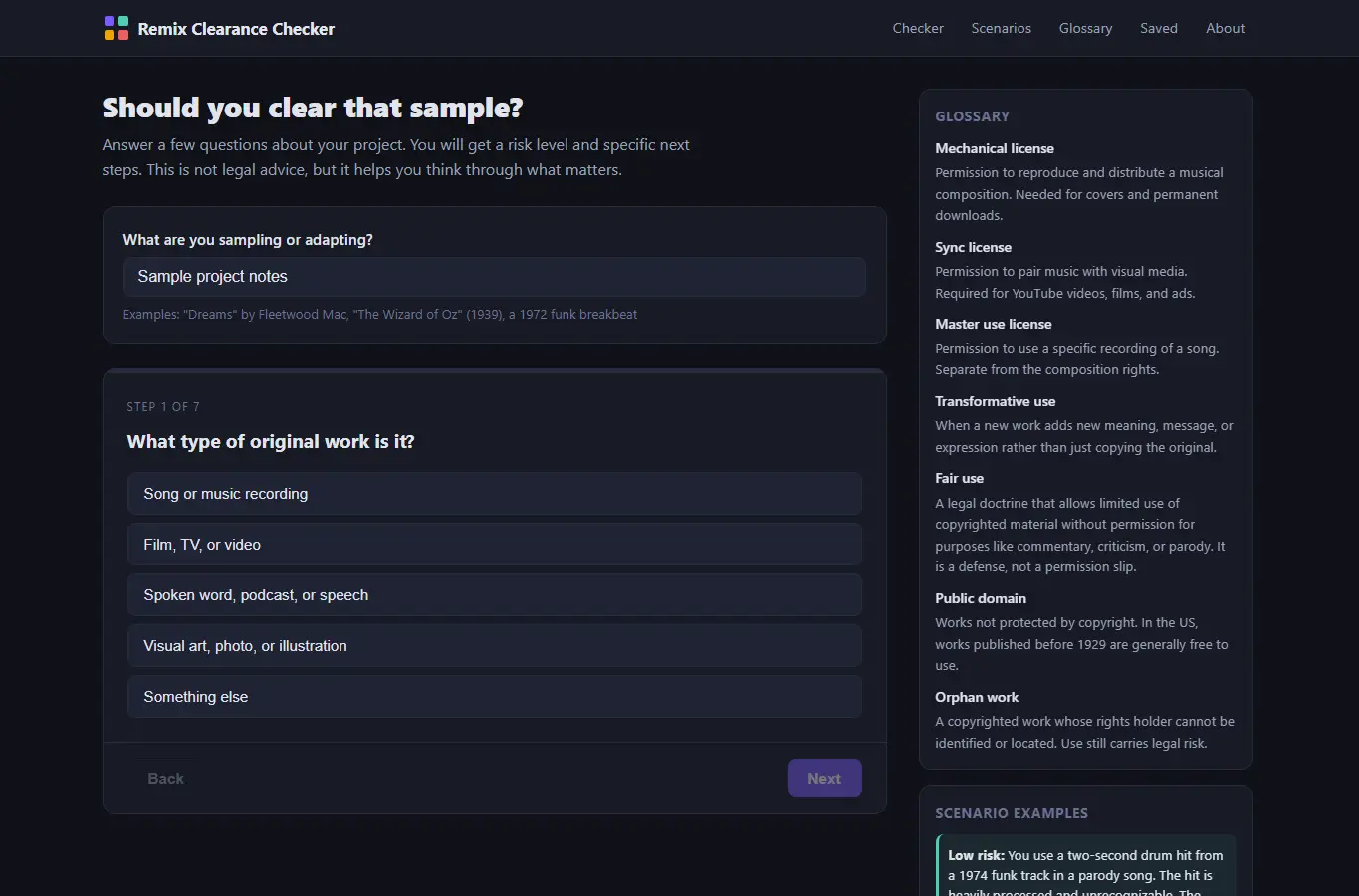 Screenshot of Remix Clearance Checker interface showing the project page in use